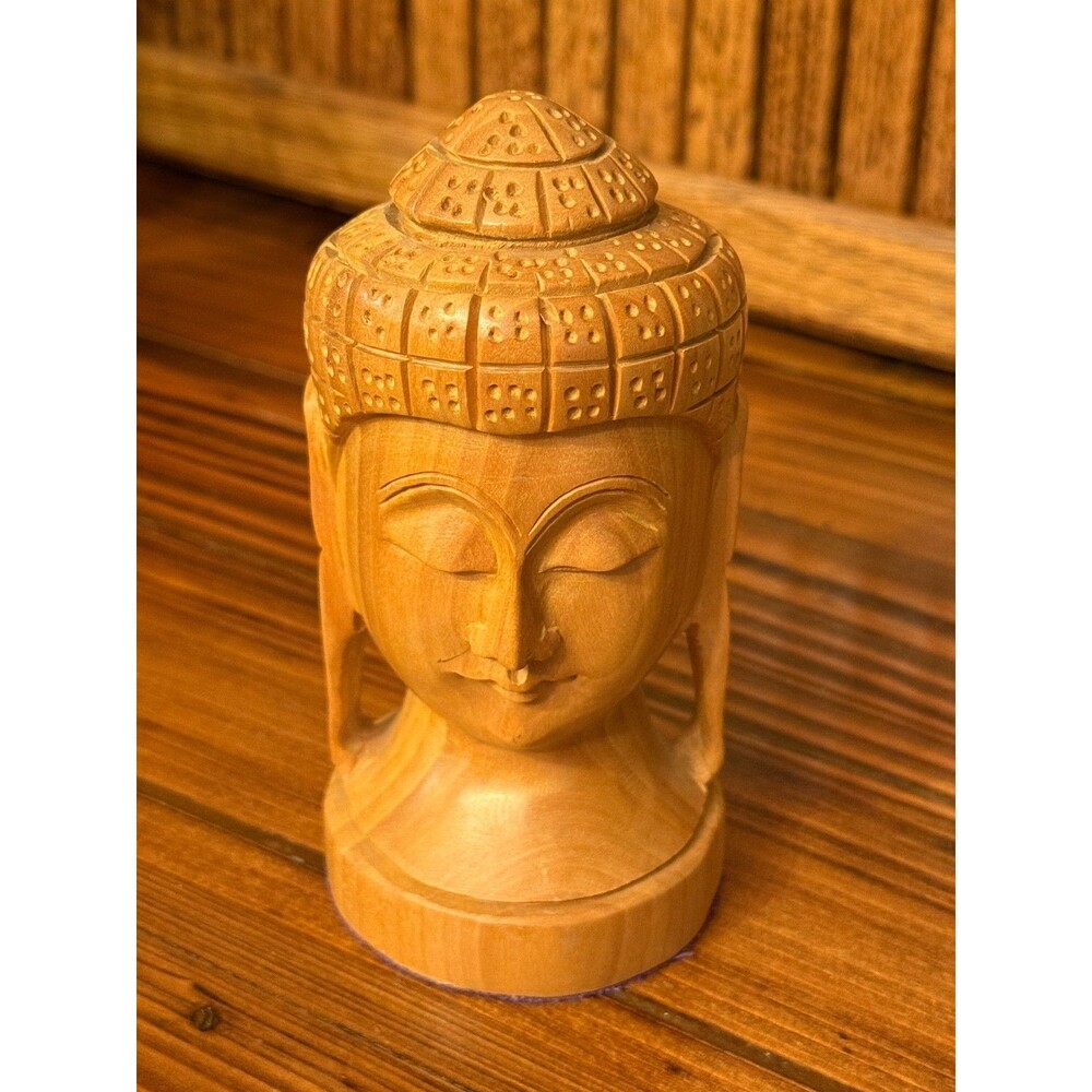 Carved Wooden Buddha Head Statue Zen Meditation Spiritual Decor 5" Tall